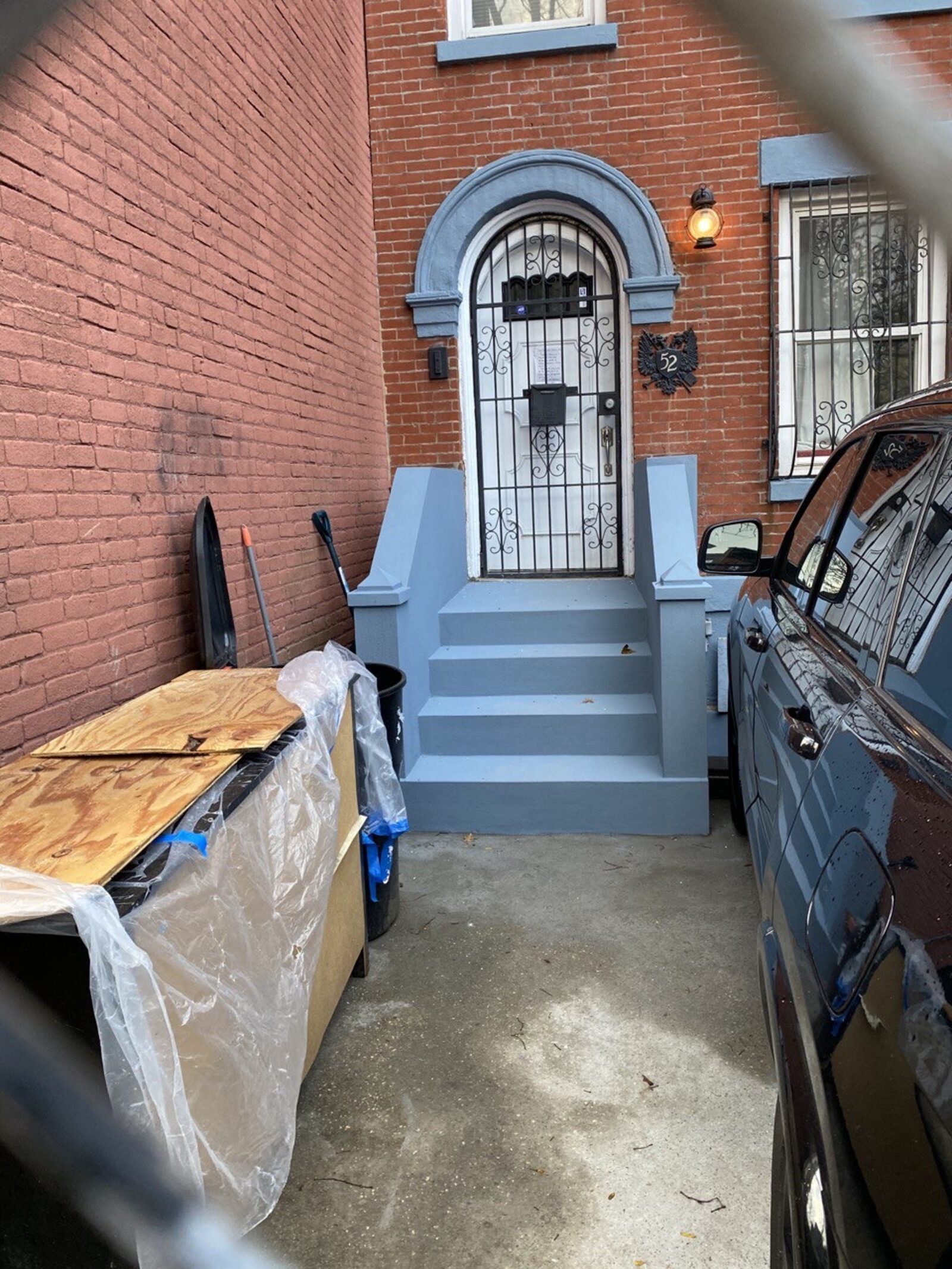 Detail of a finished brownstone stoop in Brooklyn